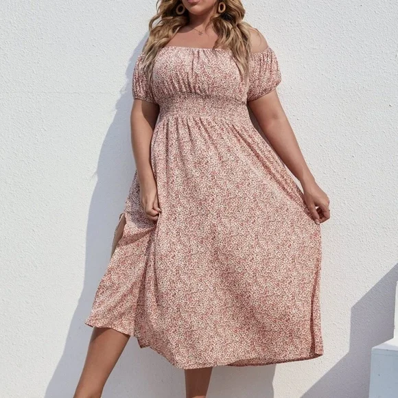 Boho Plus Floral Print Off Shoulder Slit Maxi Dress - Picture 4 of 5